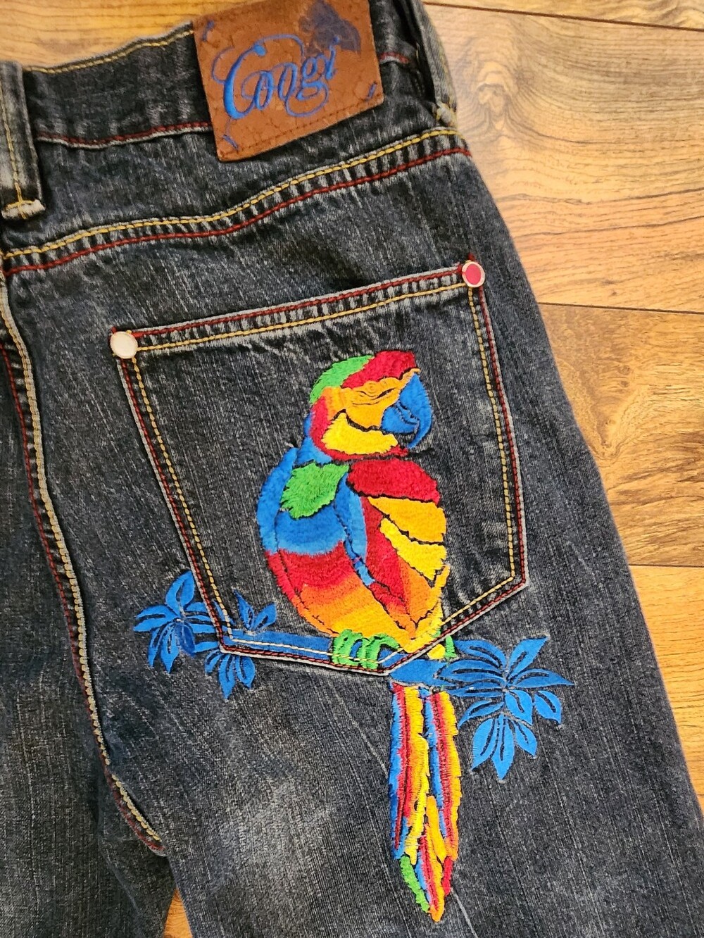 COOGI Bright Multicolor Parrot Embroidered Denim Jeans ,size 36 X 34